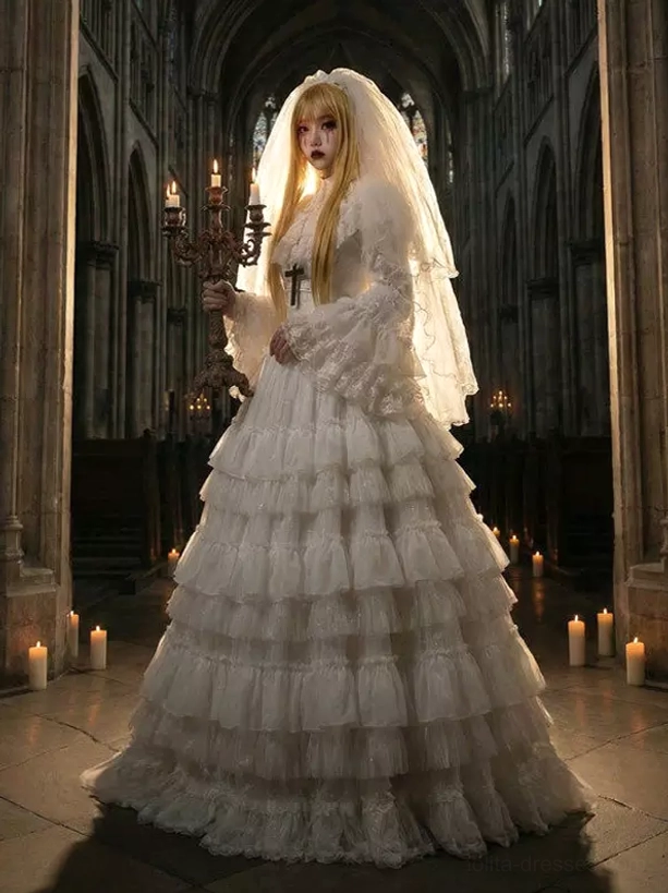 White Gothic lolita bridal dress three-quarter view showing high neckline and cross decoration worn in church interior