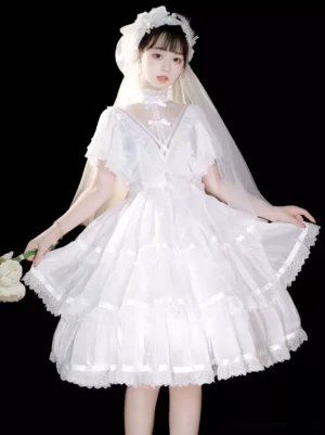 White sweet lolita hime one-piece dress front full-body view with tiered tulle skirt and ruffled short sleeves