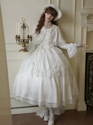 White Hime Lolita wedding dress front full-body view featuring lace corset bodice, long lace sleeves, tiered skirt, and matching hair bonnet in elegant European vintage room setting