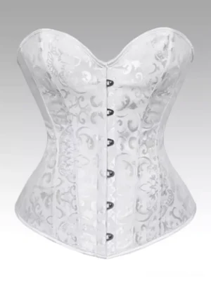 White jacquard corset with sweetheart heart neckline and metal grommet front closures, elegant Victorian-style lolita fashion sleeveless top