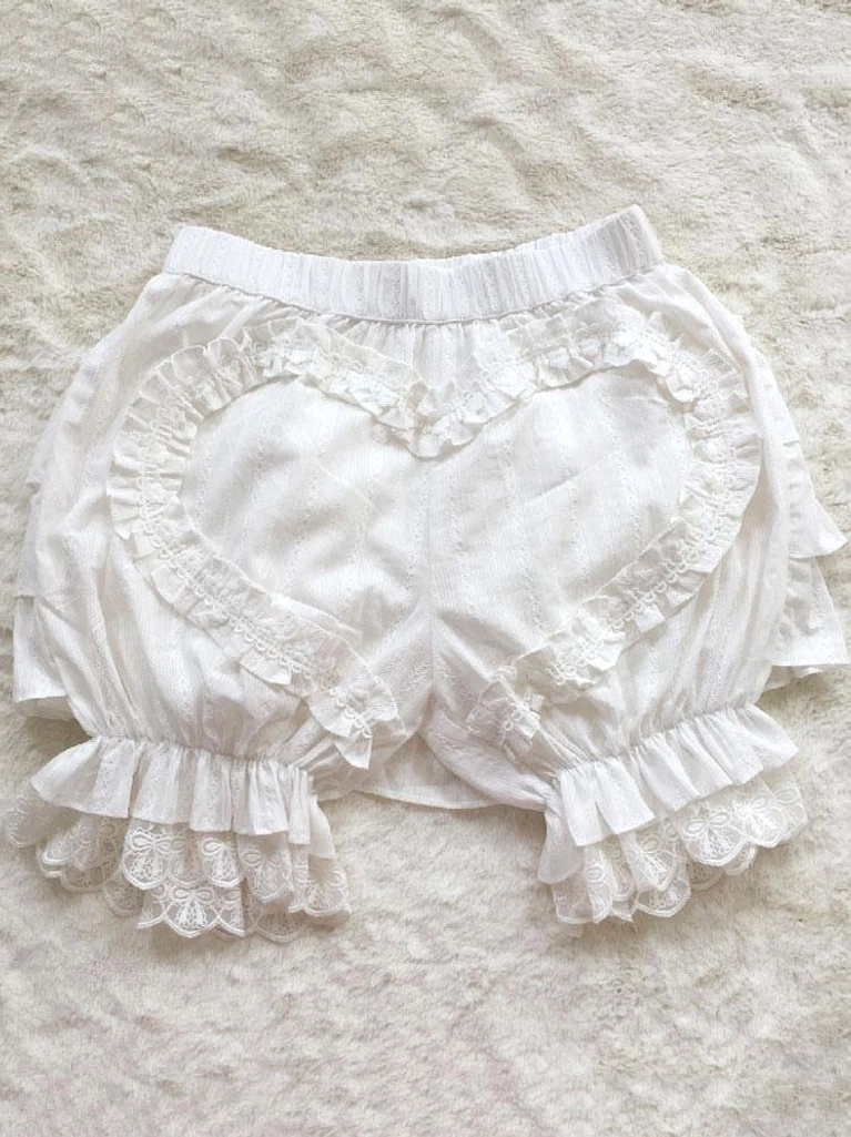 White jacquard sweet lolita bloomers shorts with heart-shaped lace ruffles and elastic waistband flat lay