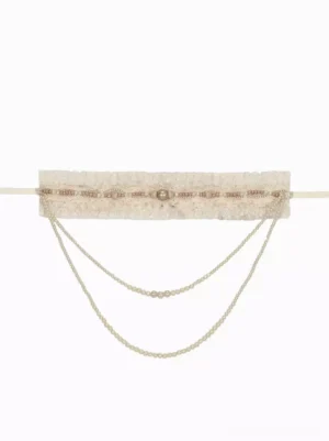 Classic white lace choker with dual-layer pearl chains and central pearl ornament, front flat lay display on white background, Lolita fashion accessory