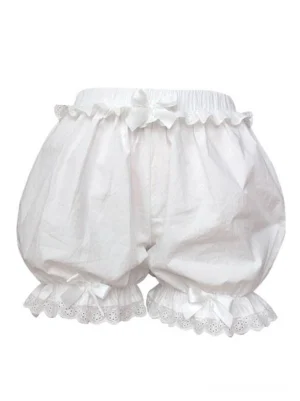 white lace lolita bloomers with satin bow full front flat lay view puff leg silhouette