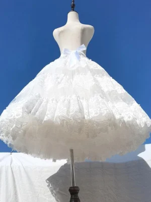 white lace lolita petticoat front oblique view dress form fluffy tulle silhouette