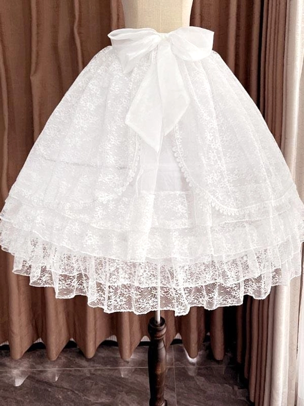 white-lace-lolita-petticoat-front-full-view-satin-waist-bow-ruffled-hem-mannequin-display