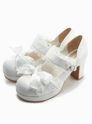 White lace lolita pump shoes with square toe chunky heel decorative satin bows and ruffles sweet lolita style