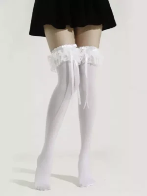 white lace over-the-knee socks side profile view with ribbon decorations elegant lolita fashion styling