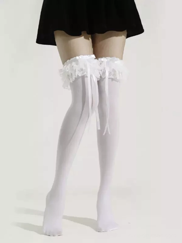 white lace over-the-knee socks side profile view with ribbon decorations elegant lolita fashion styling