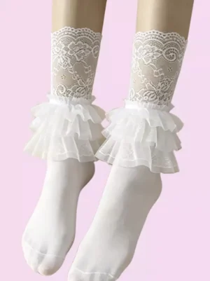 Pure white delicate lace ruffle calf socks with two-layer white ruffle cuffs displayed on mannequin lower leg front view pink background lolita hosiery