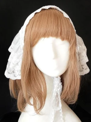 White lace ruffle lolita headdress front view with floral embroidery and scalloped edges worn on mannequin