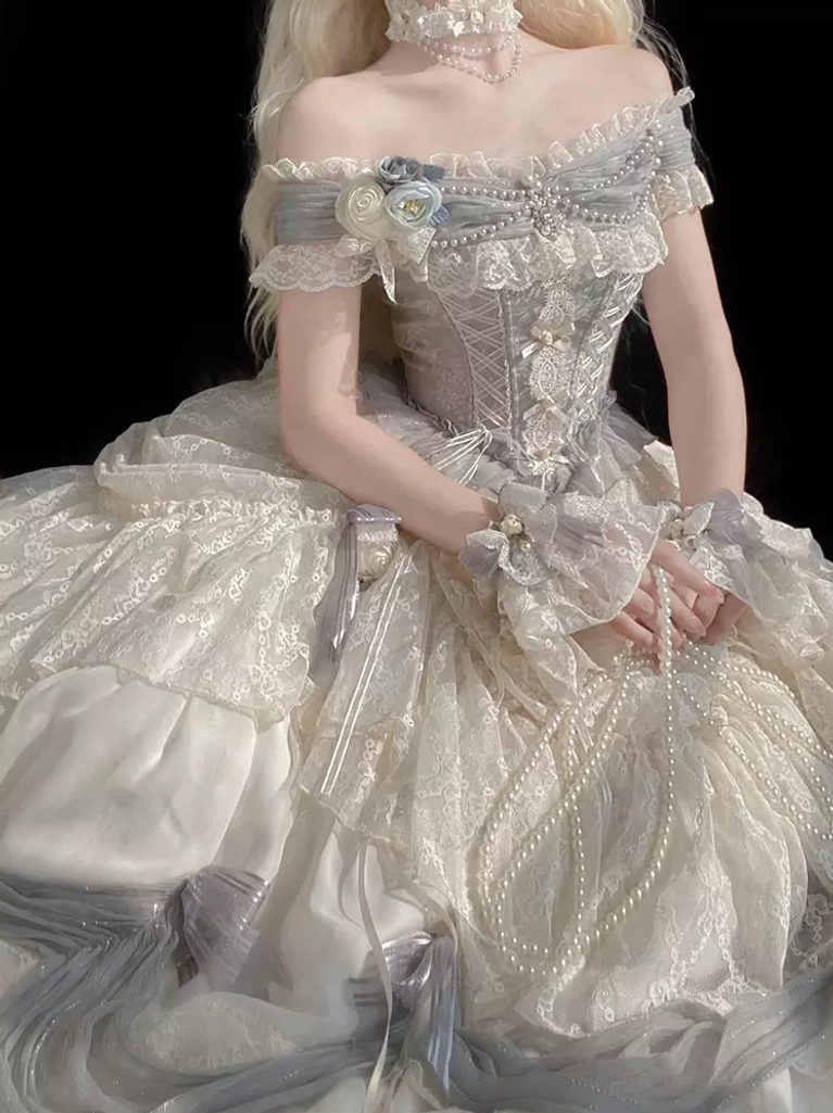 delicate lace-up corset waist off-shoulder ruffles pearl choker long pearl chain white classic lolita dress