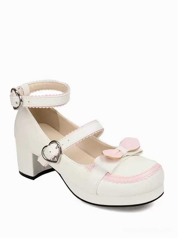 White and light pink sweet lolita pumps with dual heart-buckle straps pink bow accent and block heel static side close-up view
