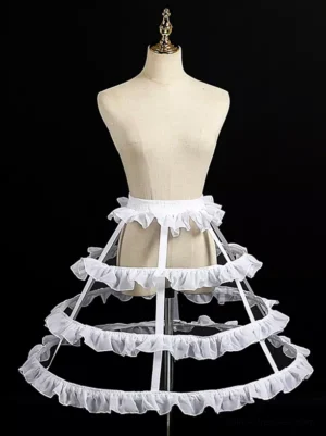 white lolita cage crinoline petticoat with 4 ruffled chiffon hoops front view on mannequin elastic waistband