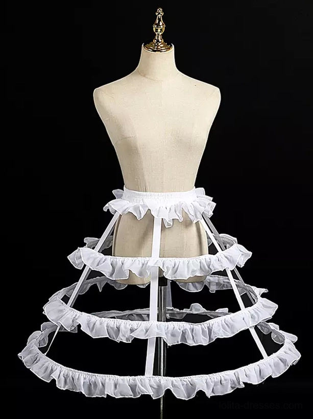 white lolita cage crinoline petticoat with 4 ruffled chiffon hoops front view on mannequin elastic waistband