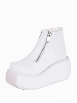 single white lolita platform boot side profile metal zipper detail wedge sole ankle boot