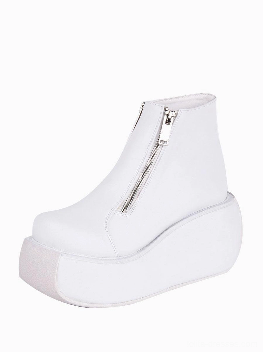 single white lolita platform boot side profile metal zipper detail wedge sole ankle boot