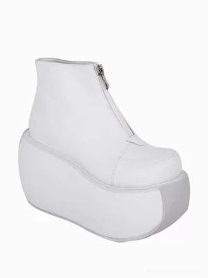 single white lolita platform ankle boot right three quarter side view silver front zipper smooth pu leather ultra thick platform