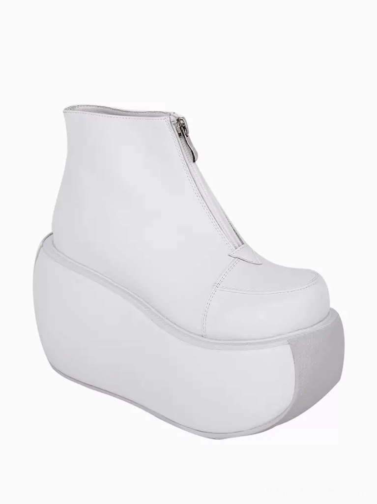 single white lolita platform ankle boot right three quarter side view silver front zipper smooth pu leather ultra thick platform