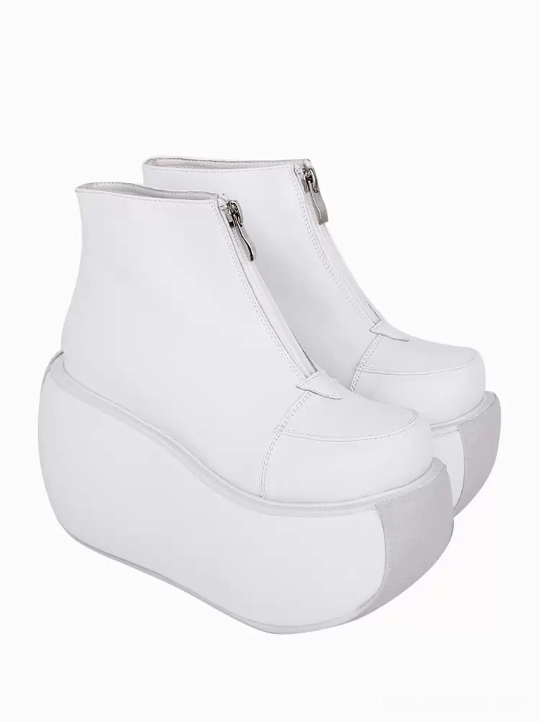 paired white platform lolita ankle boots rear three quarter view silver front zippers visible soles matte white finish gothic