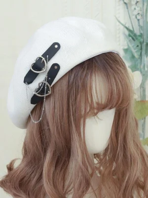 white sweet lolita beret with matching heart chain leather strap accessory front three quarter view mannequin