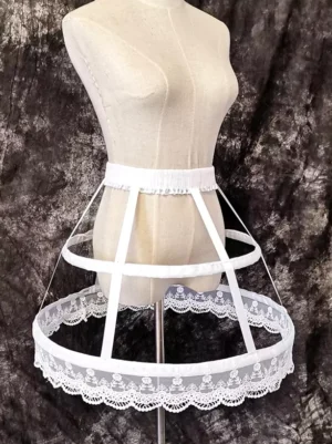 White Lolita birdcage petticoat left three-quarter view showing side profile silhouette and floral scalloped lace hem detail