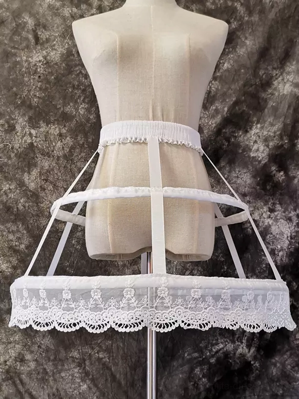 White Lolita birdcage petticoat right side three-quarter view displaying longer lower lace trim panel and hoop structure