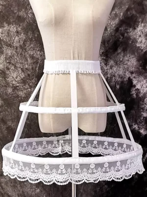 White Lolita birdcage petticoat front flat lay view with dual hoop support structure and scalloped lace hem trim displayed on beige dress form