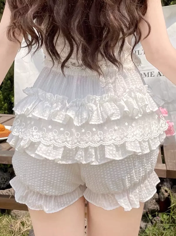 White lolita bloomers back view high elastic waist scalloped lace trim outdoor patio with model