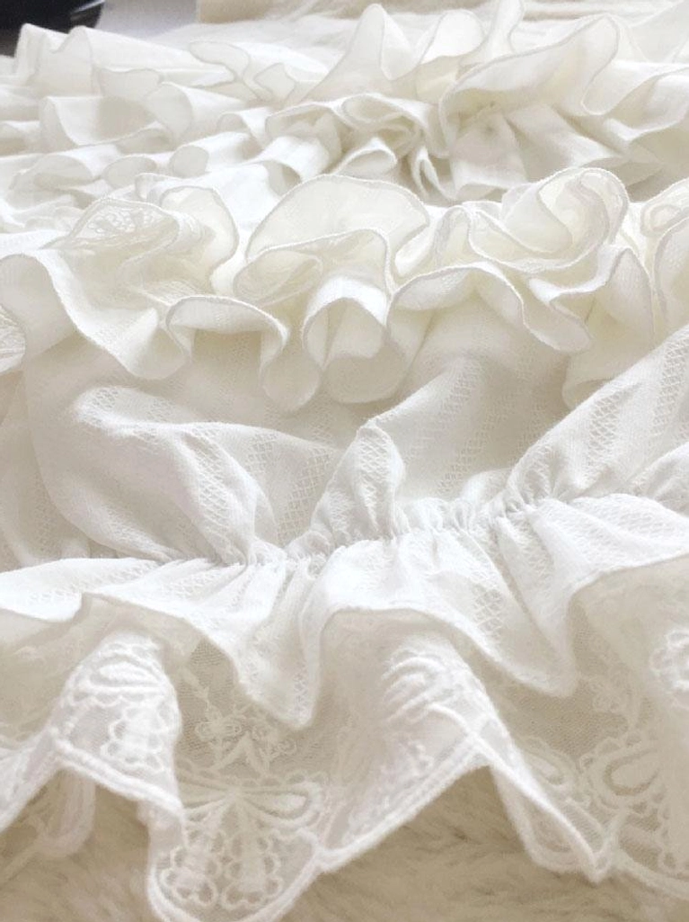 extreme close-up detail shot of white lolita bloomers ruffle layers featuring curved scalloped embroidered lace trim and lightweight cotton fabric