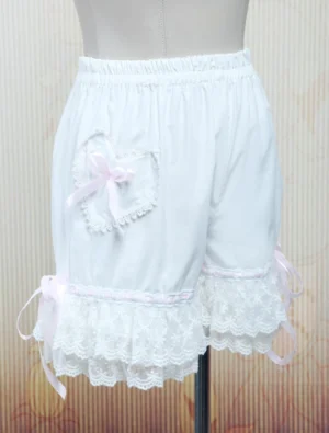 white lolita bloomers front three-quarter view heart pocket lace trim double-layered lace hem side ribbon ties dress form