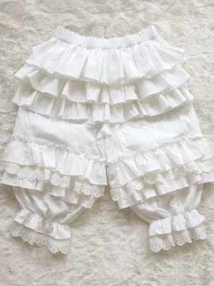 white lolita bloomers full flat lay overhead view featuring lace-trimmed leg cuffs and elasticated waist perfect for sweet lolita fashion