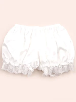 White lolita bloomers with delicate lace ruffle hem, flat lay front view showing gathered satin silhouette and elastic waistband, perfect foundation for sweet lolita coordinates