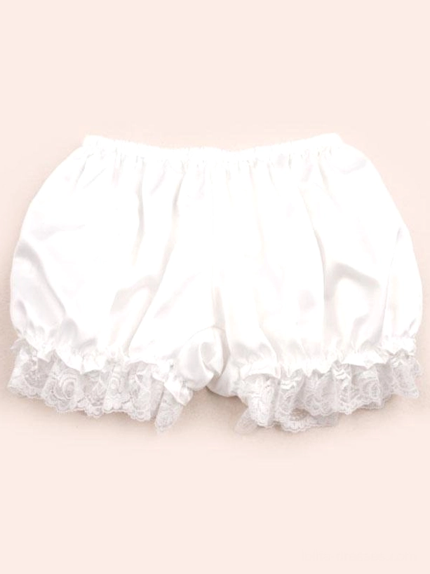 White lolita bloomers with delicate lace ruffle hem, flat lay front view showing gathered satin silhouette and elastic waistband, perfect foundation for sweet lolita coordinates