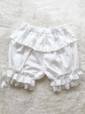 White lolita bloomer shorts with jacquard stripes and romantic ruffled design top-down flat lay view