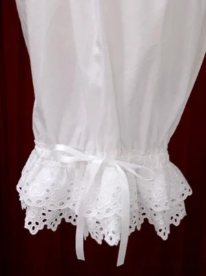 lolita bloomers close-up detail embroidered lace hem satin ribbon bow elastic ruffle edge