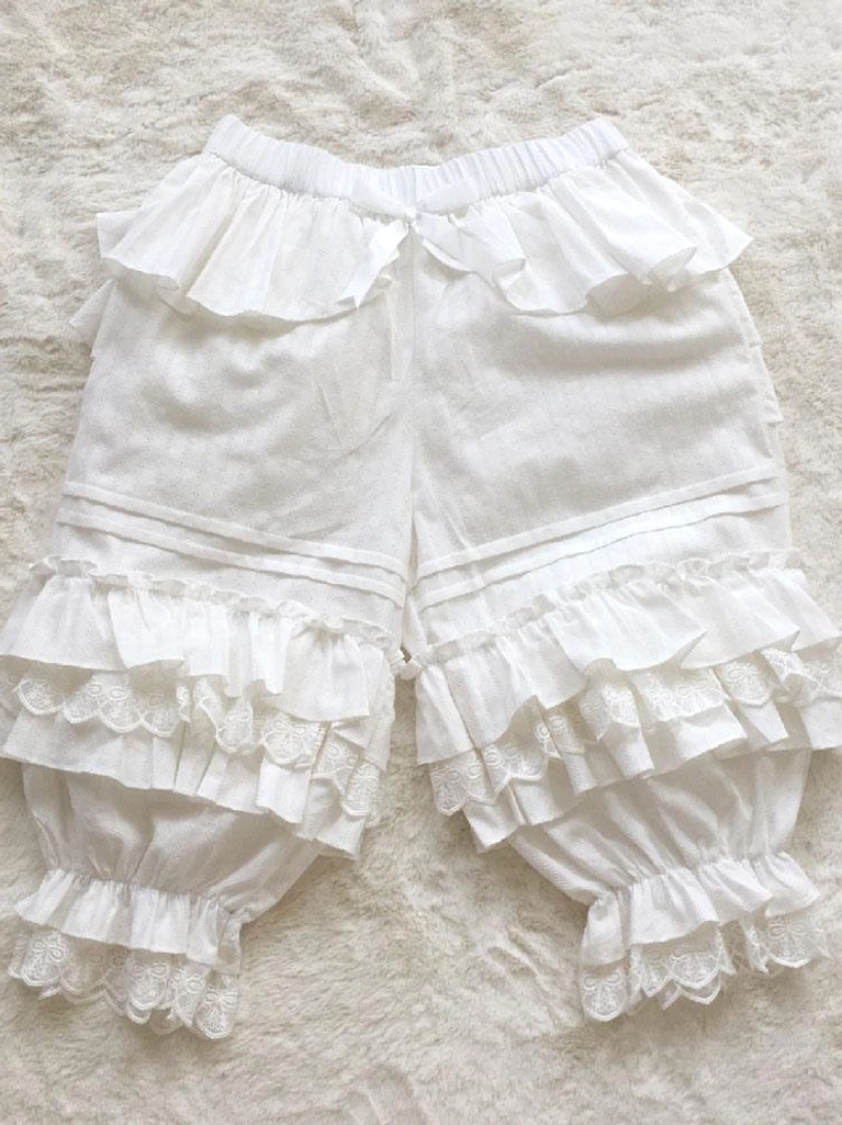 white lolita bloomers rear view showing layered ruffle lace trims and thigh fabric details from above
