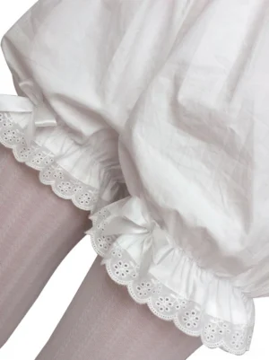 lolita bloomers side close-up view worn with white sheer stockings scalloped lace cuffs detail