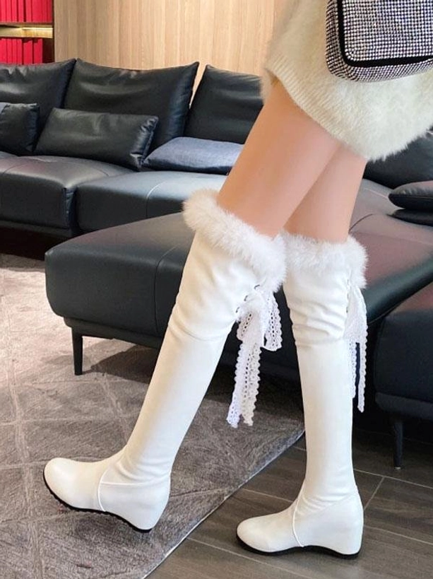pure white over-the-knee lolita boots with soft fur cuff and back lace tie decoration front view both feet