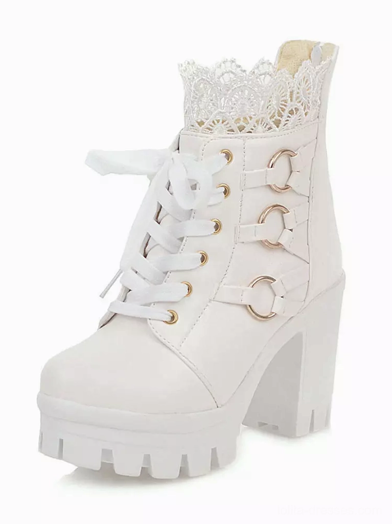 White lolita chunky heel ankle boots front three-quarter view featuring white PU leather white lace collar gold metal ring details sweet lolita aesthetic