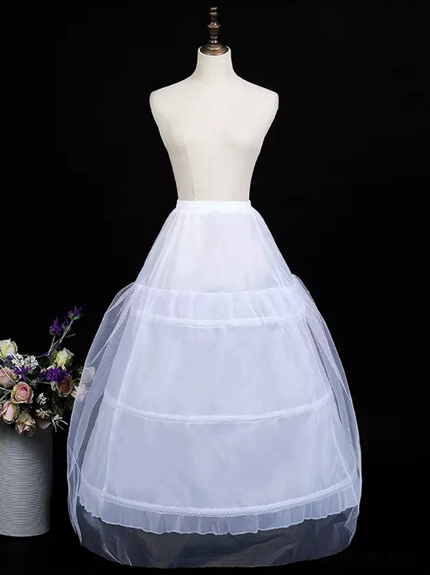 White bridal lolita petticoat with multiple steel bone hoops displayed on mannequin featuring ruffled bottom edge and sheer white tulle fabric with decorative flower vase prop
