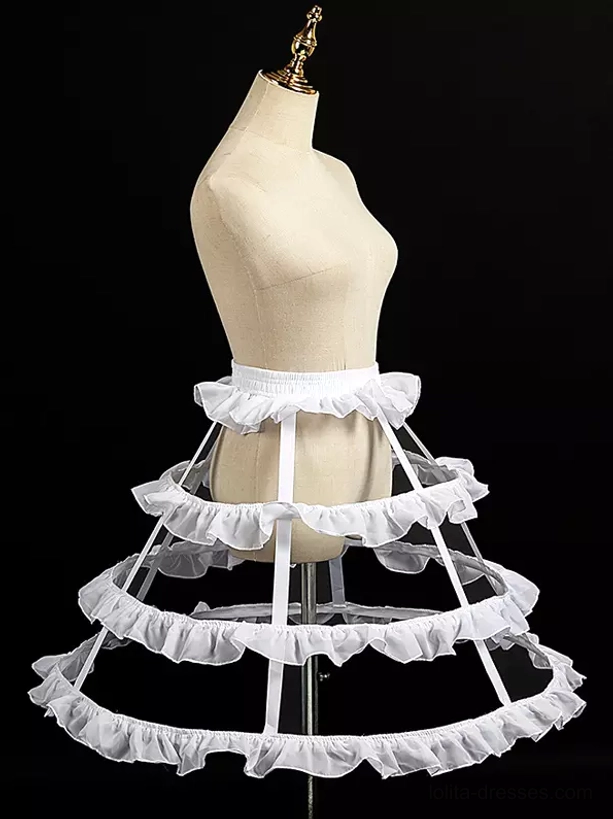 white lolita cage crinoline petticoat side view showing 4 ruffled hoop tiers support straps elastic waist