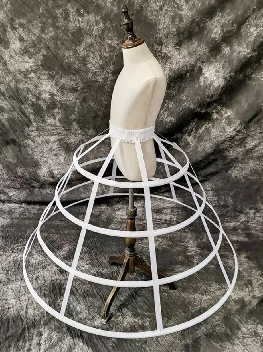 White lolita petticoat with 4 tiered circular frames and elastic lace waistband shown from right side angle