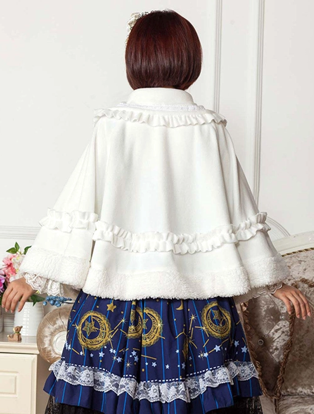 white peter pan collar lolita cloak back view ruffled collar and waistline detail rear angle
