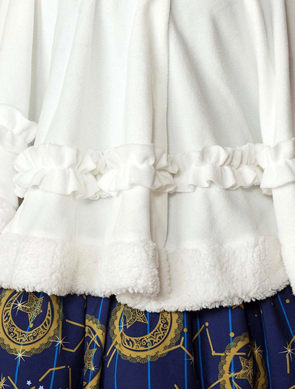 white lolita cloak ruffled hem close-up fuzzy fleece bottom edge star print background detail