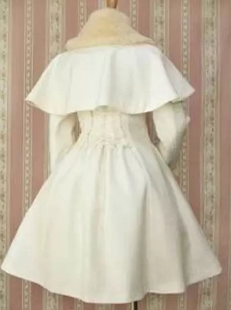 White Gothic Lolita coat rear view showing back silhouette, detachable cape, corset waist construction and A-line skirt portion