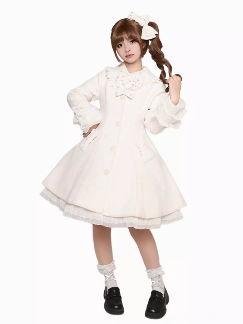 White simple sweet lolita coat studio full body shot with bow collar a-line hem and lace bottom trim
