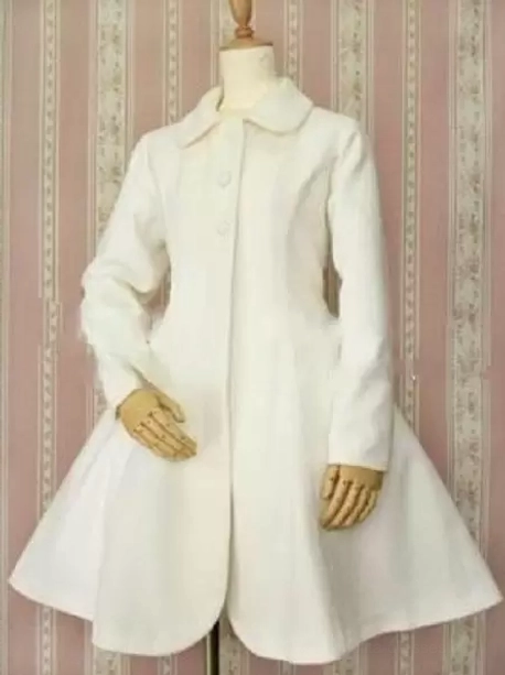 Basic white Lolita coat front view with turn-down collar, buttoned front closure, tailored waist and A-line silhouette structure