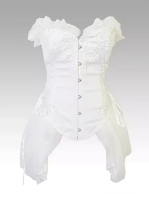 White gothic lolita corset dress with ruffled lace-trimmed neckline and front button details - front flat lay product shot
