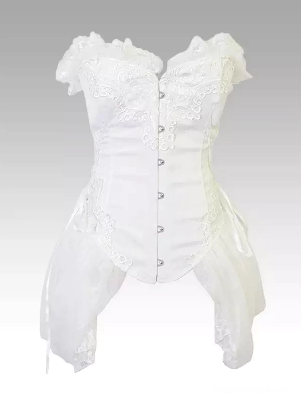 White gothic lolita corset dress with ruffled lace-trimmed neckline and front button details - front flat lay product shot