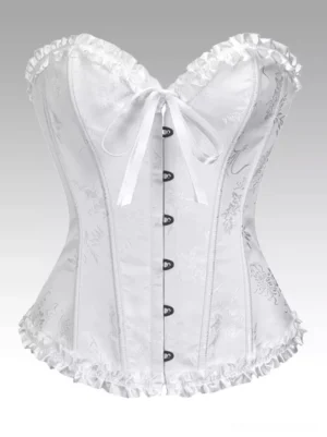 White strapless lolita corset with ruffled trims, front buttons and decorative chest bow, front flat lay on white background